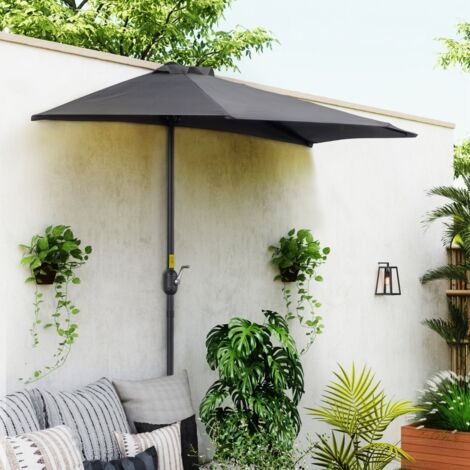 Demi-Parasol 2,7 x 1,4 m parasol de balcon avec ouverture fermeture manivelle 5 entretoises, gris