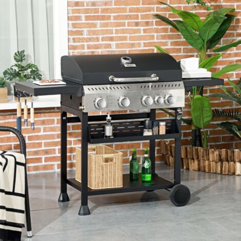 Barbecue à gaz 4+1, barbecue au gaz propane 12,5 kW roulettes, grille chauffante, étagères, thermomètre, décapsuleur (1/5)