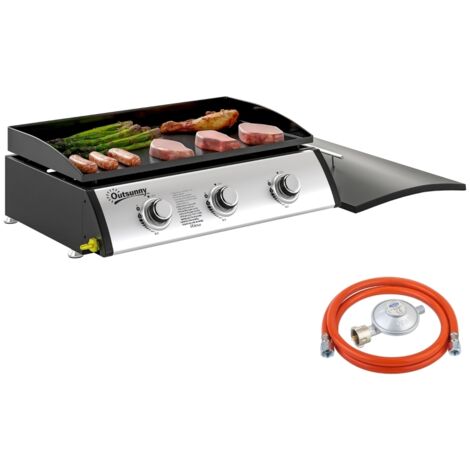 Plancha gaz 3 brûleurs 7,5 kW, surface cuisson 61 x 35,5 cm avec couvercle, gaz liquéfié/propane, 63 x 47 x 25 cm noir (1/5)