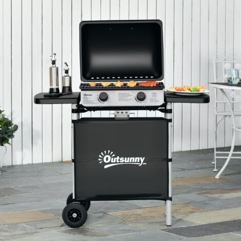 Barbecue gaz 2 brûleurs en acier inoxydable, puissance 2,8 kW, barbecue de jardin 2 grilles, 104 x 49 x 99 cm, noir (1/5)