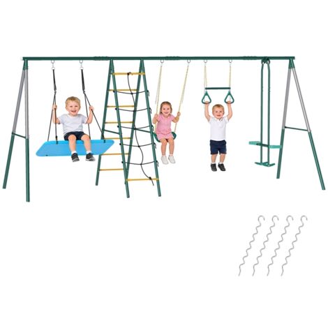 Portique 5 en 1 avec balançoire nid réglable, anneaux de gymnastique, structure d'escalade double pour enfants de 3 à 8 ans, 440 x 175 x 203 cm
