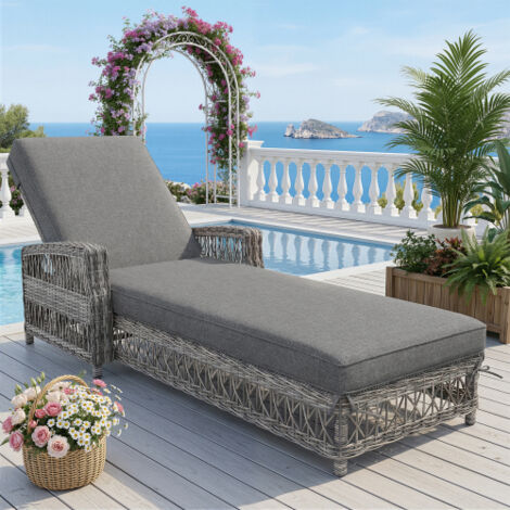 Chaise longue d'extérieur en rotin (1 pièce), résistante aux intempéries, avec dossier réglable, coussin amovible, idéale pour terrasse, balcon ou piscine, grise. (1/5)
