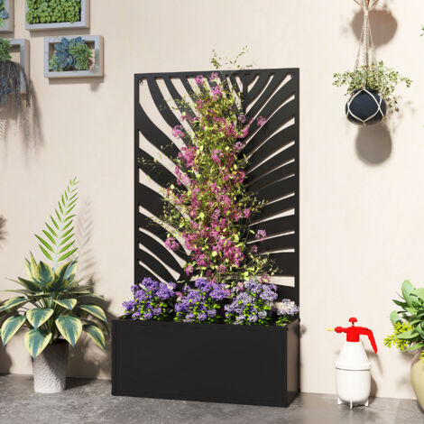 Jardinière surélevée en métal avec treillis – Dimensions 61 x 23 x 113 cm – Finition résistante aux intempéries – Support pour plantes grimpantes