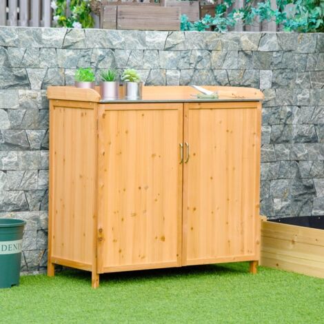 Outsunny Armoire de jardin sur pied table de rempotage 2 en 1 - table de jardinage double porte, étagère, plateau tôle acier galvanisé - table de plantation bois de cèdre pré-huilé