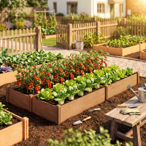Carré Potager en Bois Lit de Jardin Surélevé 4 Zones de Culture Fond Ouvert Montage sans Outil 234x109x25cm Marron Clair