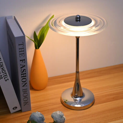 lampe de table rechargeable a contact design soucoupe en acrylique et metal couleur chrome veilleuse d ambiance pour chevet de chambre 160x280 mm (1/3)
