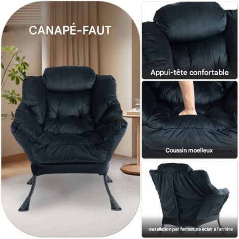 Fauteuil relax avec structure en métal et poche latérale, style simple et confortable, idéal pour la chambre, le salon ou le balcon. (1/5)