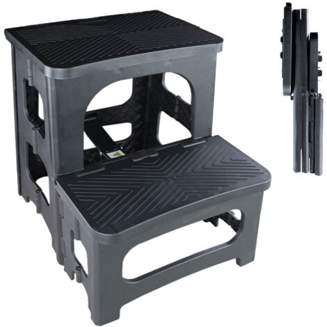 Fishtec – Escabeau pliable 2 marches – Marches antidérapantes – Hauteur de travail 2m – Plateau 43 cm en polypropylène – Compact et léger