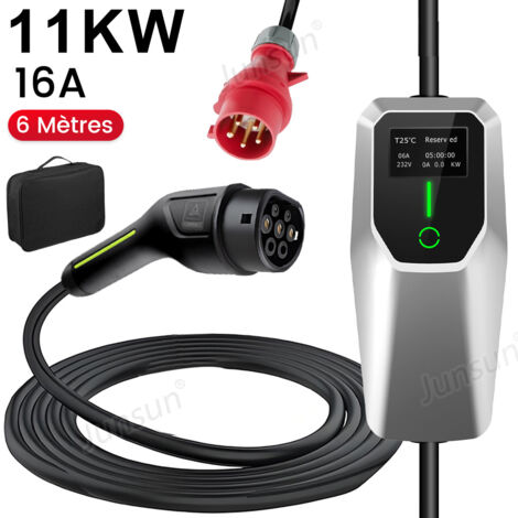 Hexinex Câble de recharge pour véhicule électrique, courant élevé CEE 11 kW 6-16 A 6 m Type 2, boîtier mural mobile UE IP67