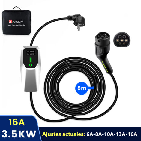 Hexinex Câble de recharge domestique Schuko à courant réglable pour véhicules électriques, 8 m, 3,5 kW, 16 A, type UE 2