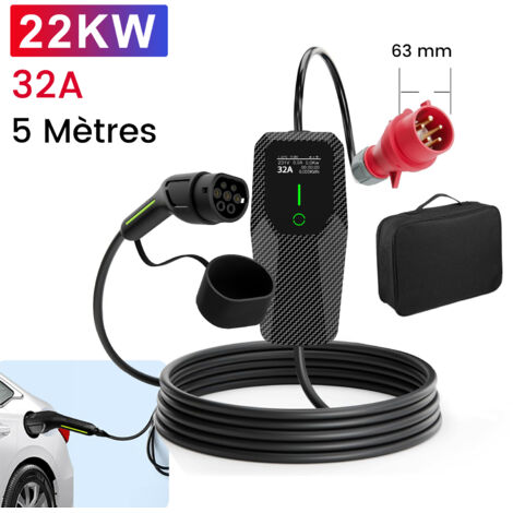 Hexinex Câble de recharge triphasé 32 A 22 kW type 2 pour véhicules électriques et hybrides rechargeables (PHEV) - Borne de recharge mobile de 5 m