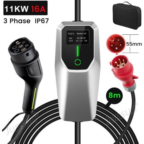 Hexinex Câble de type 2 pour chargeur portable de véhicule électrique triphasé CEE PHEV, 16 A, 11 kW, 8 m