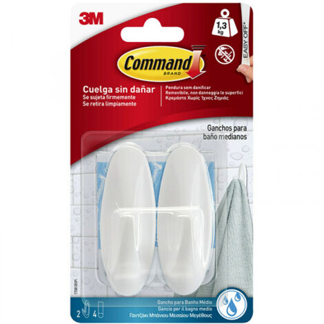 BLISTER 2 GANCHOS ADHESIVOS MEDIANOS HASTA 1,3KG BLANCO PARA BAÑO COMMAND 17081B 3M 7100121117