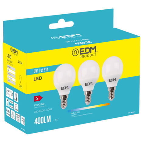 Kit 3 Bombillas LED EDM Esféricas E14 5W 400lm 6400K Luz Fría Ø4,5x8cm