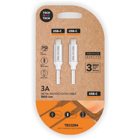 Cable USB 2.0 Tech One Tech TEC2204/ USB Tipo-C Macho - USB Tipo-C Macho/ 1m/ Blanco