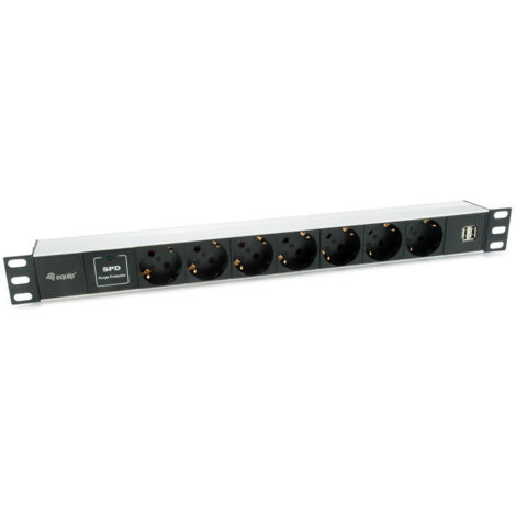 REGLETA ALIMENTACION ALUMINIO RACK 19 1U 7 TOMAS TIPO SHUCKO EURO + 2 TOMAS USB CON PROTECTOR SPD CABLE 1.8m (1/4)
