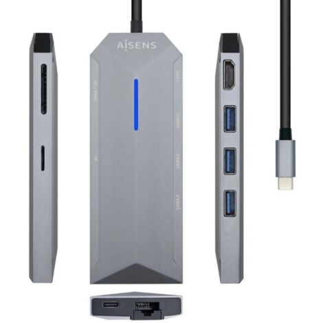 Docking USB 3.2 Tipo-C Aisens ASUC-8P004-GR/ 1 HDMI/ 3 USB/ 1 RJ45/ 1 Lector Tarjetas / USB PD/ Gris (1/4)