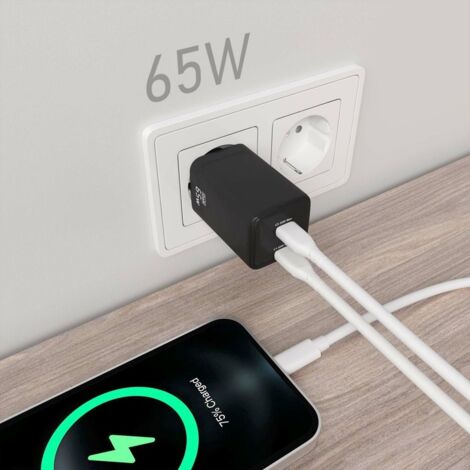 AISENS - CARGADOR GaN 65W, 2xUSB-C PD3.0 QC4.0, NEGRO (1/2)
