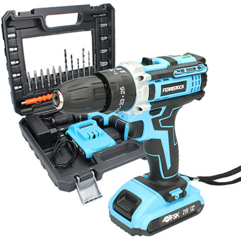 Taladro percutor batería 21V con 1 batería 1.5Ah – Par 35Nm – 2 velocidades – Maletín con 25 accesorios – FSKTAB101 – Ferrestock (1/5)