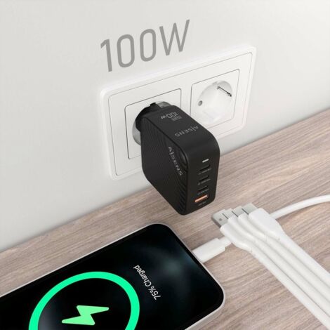AISENS - CARGADOR GaN 100W, 3xUSB-C PD3.0 QC4.0, 1xUSB-A QC3.0, NEGRO (1/2)