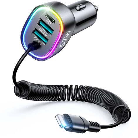 Cargador rápido para coche 4 en 1 USB-C PD, 2 puertos USB QC3 y cable Lightning, 1,6 m, 57 W, color negro (1/5)