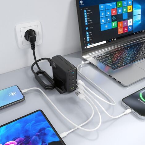 AISENS - CARGADOR SOBREMESA GaN 140W, 3xUSB-C PD3.1 QC4.0 QC5.0, 1xUSB-A QC3.0, NEGRO (1/2)