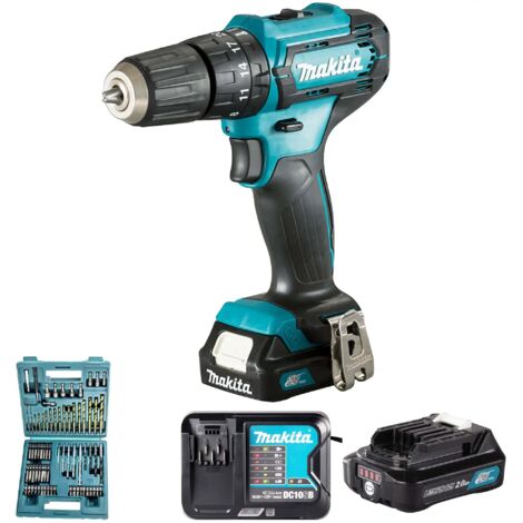 Taladro de percusión a batería Makita HP 333 DSAX1 12 V 30 Nm + 2x batería recargable 2,0 Ah + cargador + juego de brocas y puntas de 74 piezas + maletín (1/10)