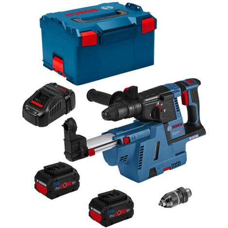 Bosch Professional GBH 18V-26 F - Martillo perforador a batería (18V, 2,6 J, Ø máx. 26 mm, SDS plus, aspiración de polvo GDE 18V-16, 2 baterías 5.5 Ah ProCORE18V, cargador, en L-BOXX)