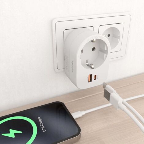 AISENS - REGLETA DE PARED MULTIFUNCION CON 1 TOMA + 1xUSB-C 20W PD3.0, 1xUSB-A 20W QC3.0, BLANCO (1/2)