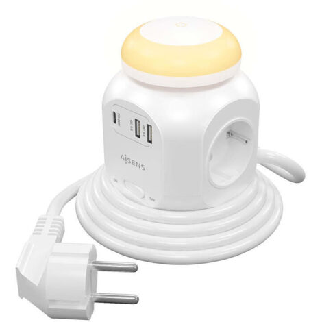 Regleta con Interruptor y Luz Nocturna Aisens ASPS-2A1CLPQ02-W/ 4 Tomas de Corriente/ 1 USB Tipo-C/ 2 USB/ Cable 1.8m/ Blanco (1/4)
