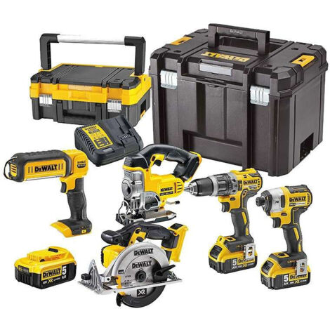 Dewalt – Kit de herramientas electroportátiles – Taladro percutor, atornillador de impacto, sierra circular, sierra de calar, linterna – 3 baterías 18V 5Ah – DCK551P3T (1/5)