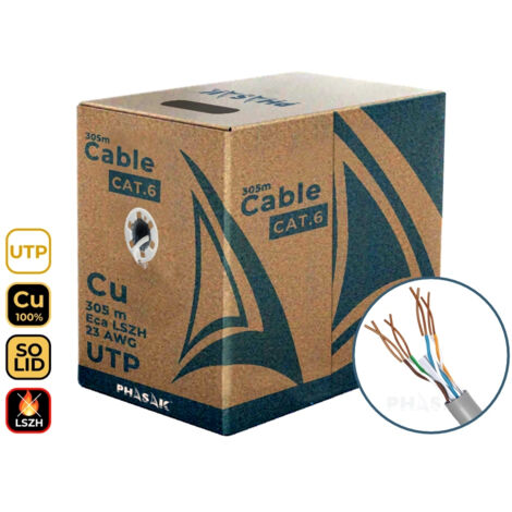 Bobina de cable PHASAK UTP Cat.6 Cobre 100% sólido AWG24 LSZH 305m certificado, alta velocidad, red hasta 1 Gbps, seguridad y rendimiento optimizado – PHR 652 (1/4)