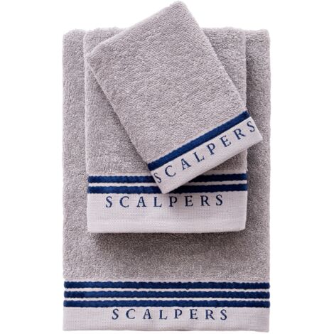 Set toallas baño (tocador 30x50cm + manos 50x90cm + baño 70x140cm) 450GSM en algodón gris con azul Scalpers Home
