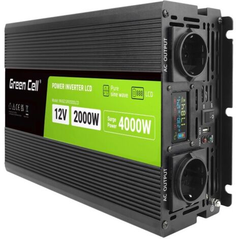 Green Cell KFZ Spannungswandler Power Inverter 12V  230V 2000W/4000W USB/2x Steckdose/Display Black (1/5)