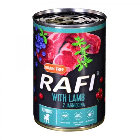 Alimento húmedo para perros Rafi Junior con cordero, lata de 400 g