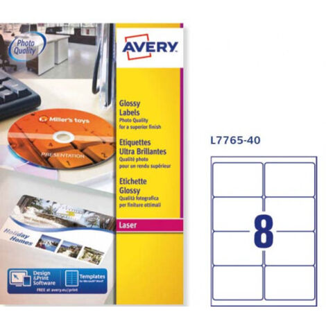 CAJA DE 40 HOJAS (8 ETIQXHOJA) ETIQUETAS BLANCAS BRILLANTES 99,1X67,7MM AVERY L7765-40 (1/2)