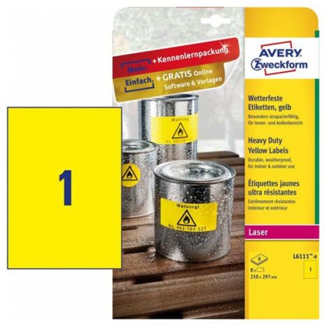 PAQUETE 8 HOJAS ETIQUETAS AMARILLAS DE POLIÉSTER-IMPRESORAS LÁSER-210 X 297 MM AVERY L6111-8 (1/4)