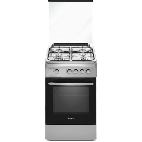 Taurus CIG4FIXM - Cocina de gas butano independiente, en acero inoxidable, 4 quemadores, horno con quemador inferior de 55L, vávulas de seguridad para el gas, tapa de cristal, 60x50x83cm, 9050W