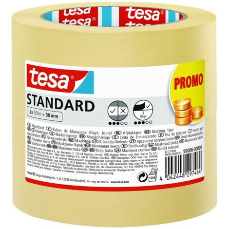 tesa Cinta de Pintar STANDARD, Cinta de Pintor, Removible Sin Residuos hasta 2 Días Después, Sin Disolventes, Ancha, 2x 50 m x 50 mm