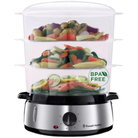 Russell Hobbs 19270-56 - Vaporera de 3 recipientes con temporizador, 800 W, incluye cubeta para arroz, color negro y plateado, libre de BPA