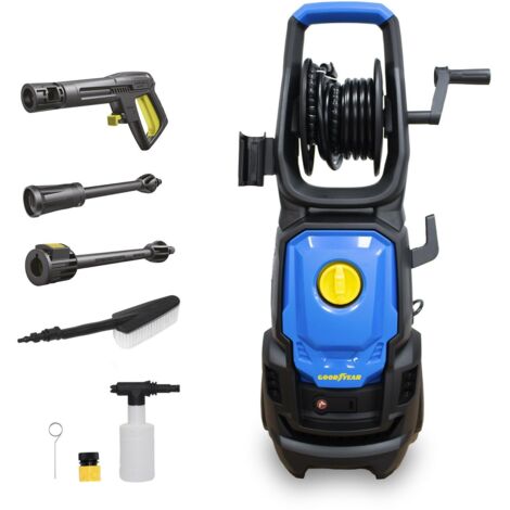 Goodyear Hidrolimpiadora Eléctrica con Escobillas  Potente 2 kW, Presión Máxima de 2175 PSI  Lanza Regulable y Turbo, Enrollador de Manguera y Más