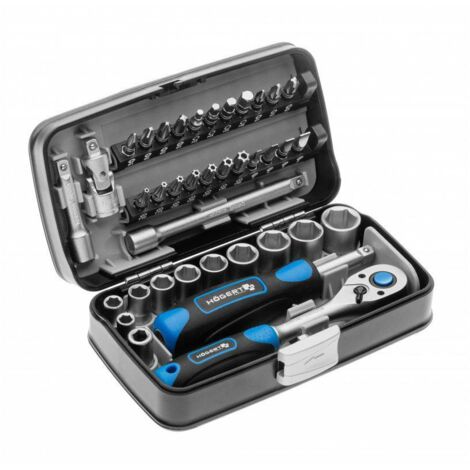 Högert Technik - Pequeño Juego de Herramientas, Caja de Herramientas, Maletin Herramientas, Juego de Llaves de Vaso y Equipamiento 1/4, Mecanismo de Trinquete con 72 Dientes - HT1R462, 38 Piezas