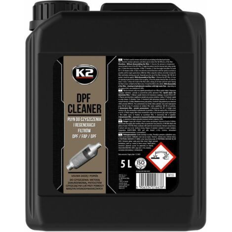 K2 Líquido para Limpieza y Regeneración de Filtros DPF/FAP Cleaner 5L, elimina residuos, mejora el rendimiento del motor, ideal para vehículos diésel, fácil de aplicar y usar.
