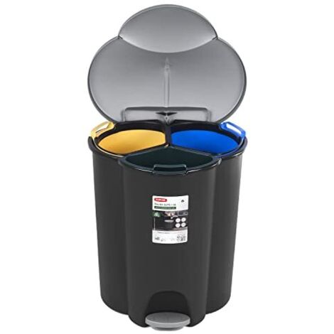 CURVER Trio V2 - Cubo de basura con pedal de 40 L, 3 compartimentos, sistema de separación de residuos, cubo interior de plástico con 3 compartimentos