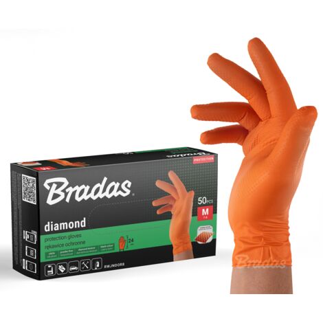 Guantes de nitrilo Diamond Naranja M (7-8), resistentes a aceites y productos químicos, color brillante para mayor visibilidad, paquete de 50 unidades, ideales para trabajo profesional (1/3)