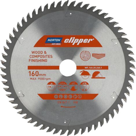 Sierra Circular Norton 160mm x 20mm x 60T(2,2 / 1,6), corte transversal, para madera y compuestos, geometría ATB, dientes de carburo, alta durabilidad, 9500 rpm (1/2)
