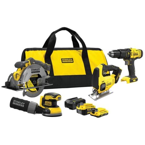 Stanley, SFMCK412MDS, set herramientas inalámbricas, taladro sierra amoladora multiherramienta, sistema V20 20V, 2 baterías, cargador y bolsa, negro con amarillo