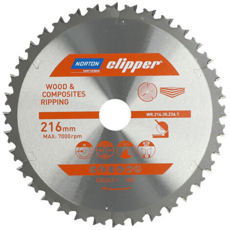 Sierra circular Norton 216 mm (2,3 / 1,8), corte longitudinal rápido para madera y materiales compuestos, 36 dientes, carburo y acero, 7000 rpm, diámetro 30 mm, sierra ingletadora (1/2)
