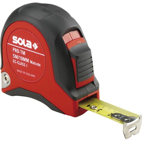 Sola, modelo SO50022101, Cinta métrica retráctil PRO-TM de 5 metros, 19 mm de ancho, carcasa resistente, ideal para mediciones en construcción y carpintería. (1/2)