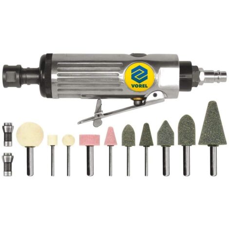 Vorel 81109, lijadora neumática recta + accesorios, 0,63 Mpa, 0-22000 RPM, 6,3 mm conexión rápida, 566 l/min, pinzas de 3 mm y 6 mm, ideal para lijado.
